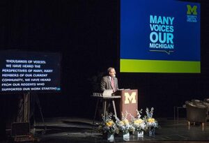 President Mark Schlissel speaks at Thursday's launch of the universitywide plan for diversity, equity and inclusion. (Photo by Austin Thomason, Michigan Photography)