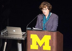 Provost Martha Pollack addresses the audience on hand for the launch. (Photo by Austin Thomason, Michigan Photography)