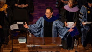 President Santa J. Ono delivers his inaugural address to a packed Hill Auditorium