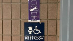 gender inclusive bathroom sign with a outline graphic of a woman holding a baby above it.