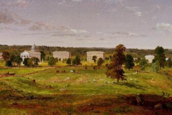 A painting of a landscape depicting the University of Michigan from 1855.
