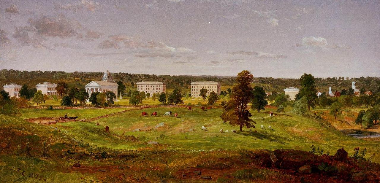 A painting of a landscape depicting the University of Michigan from 1855.