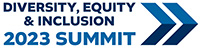 A blue logo for the DEI 2023 Summit with an arrow pointing to the right