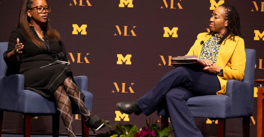 Erika Alexander (left) speaks with Daphne C. Watkins, the Letha A. Chadiha Collegiate Professor of Social Work, during her keynote conversation for the 2025 Rev. Dr. Martin Luther King Jr. Symposium